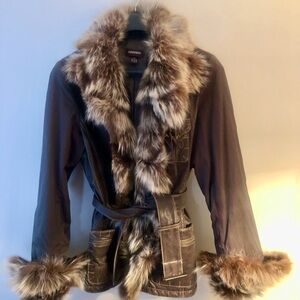 Vintage DANIER Leather Fox Fur and Nylon Dark Brown Belted Coat Size Meduim